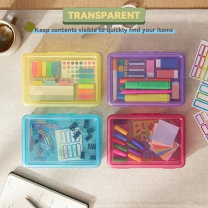 novelinks 5x8 Inch Plastic Pencil Box, Small Clear Storage Bins with Lids - size: 4 Pack