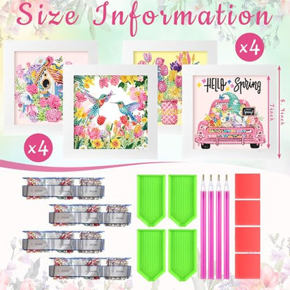 Geyoga 4pcs Pink Diamond Painting Kits with Frame for Adults 7 x 7 Inch - style: Spring
