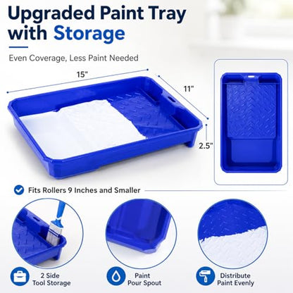 Paint Roller Kit with 4 ft Extension Pole, 8-Piece DIY Painting Tool Set with 9" Smooth Rolling Frame, 3 Low-Lint Microfiber Covers, 11" Tray, Brush & Putty Knife for Walls, Ceilings & Trim