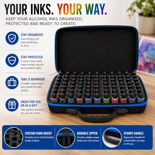 Pixiss Alcohol Ink Storage Carrying Case Organizer, Large Size Stores 60x 0.5-Ounce Bottles of Alcohol Ink, Stickles, Glossy Accents or Reinkers, Travel Case (Ink not Included) - size: 60 Bottle Capacity
