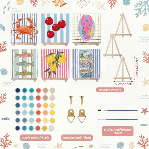 YooNotee 6 Pack Paint by Numbers Kit, 8x8 DIY Canvas with Easel Fish - style: Fish