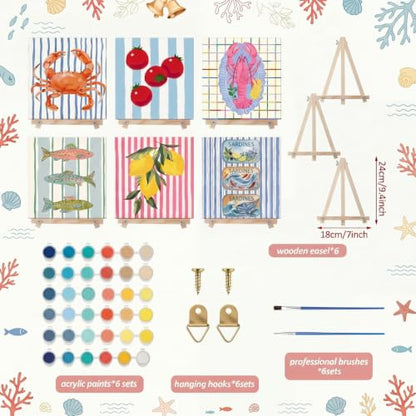 YooNotee 6 Pack Paint by Numbers Kit, 8x8 DIY Canvas with Easel Fish - style: Fish