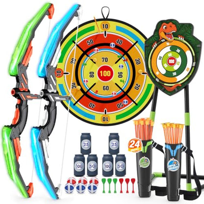 HYES 2 Pack Kids Bow and Arrow with 29" Large Dart Board & Dinosaur Target - size: 2 pack-dartboard target