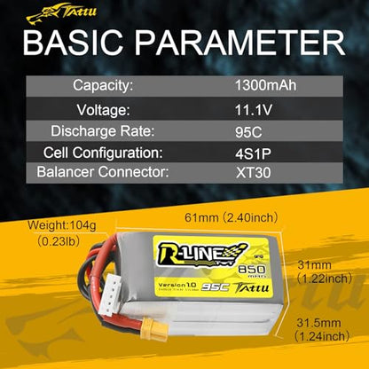TATTU R-Line 850mAh 14.8V 95C 4S LiPo Battery Pack with XT30 Plug(2 Pcs) - size: 2 Pcs
