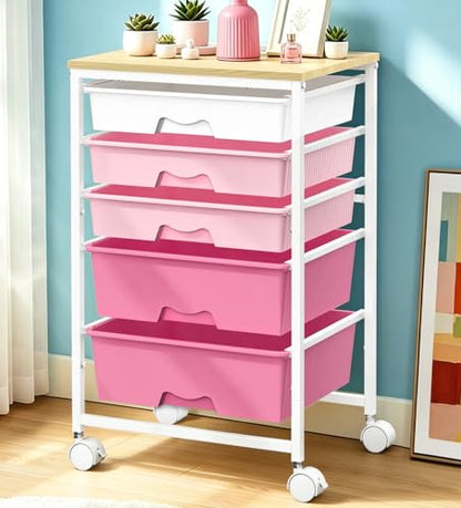 SUNALLY Rolling Carts with 5 Drawers, Storage Drawer Carts for Craft, Pink - color: Pink
