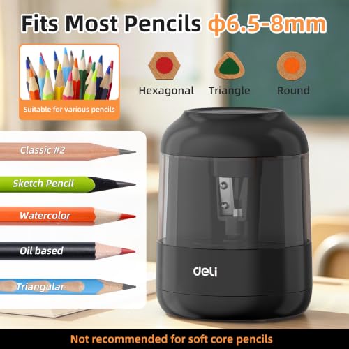 deli Electric Pencil Sharpener, Battery Operated, 6.5–8mm for Classroom - color: Black
