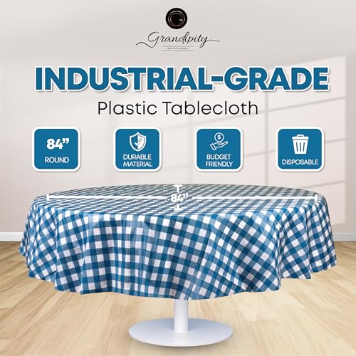 Grandipity Plastic Table Cloth Disposable 12 Pack 84" Round Gingham - color: Blue Gingham Checkered, size: 84in. Round