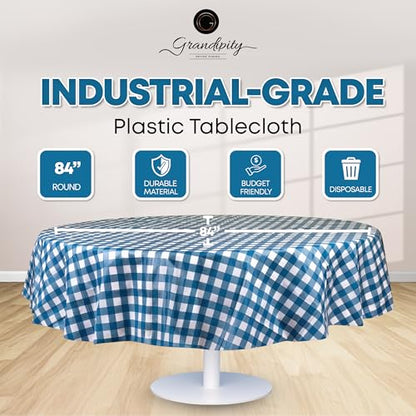 Grandipity Plastic Table Cloth Disposable 12 Pack 84" Round Gingham - color: Blue Gingham Checkered, size: 84in. Round