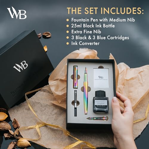 Wordsworth & Black Fountain Pen Gift Set, Medium & Extra Fine Nib, Rainbow - color: Rainbow