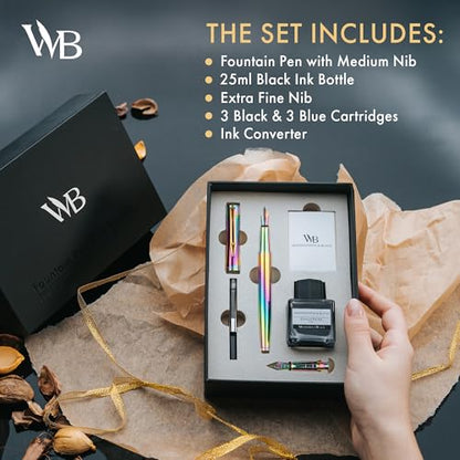 Wordsworth & Black Fountain Pen Gift Set, Medium & Extra Fine Nib, Rainbow - color: Rainbow