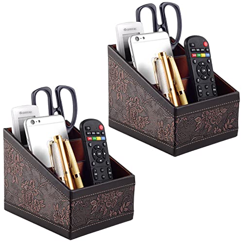 Fashionable PU leather TV remote control Holder with 3 compartments, Desk Caddy Organizer for DVD Cable Plus notepad and pen Chapstick Fingernail clippers Letter opener All in one Retro(2 pieces) - color: Retro(2 pieces)