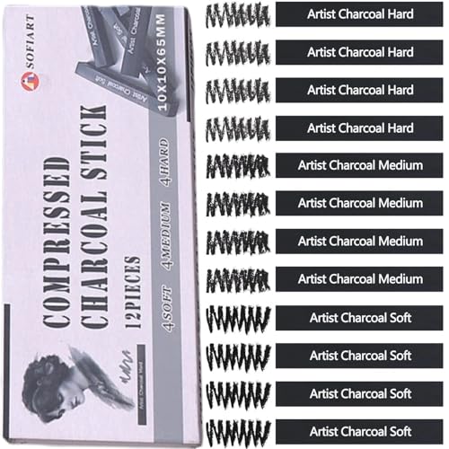 Compressed Charcoal Sticks, 12 Pieces (Soft, Medium, Hard) Square Vine Charcoal Sticks for Drawing, Sketching, Shading, Charcoal Drawing Set for Beginners & Pro Artists