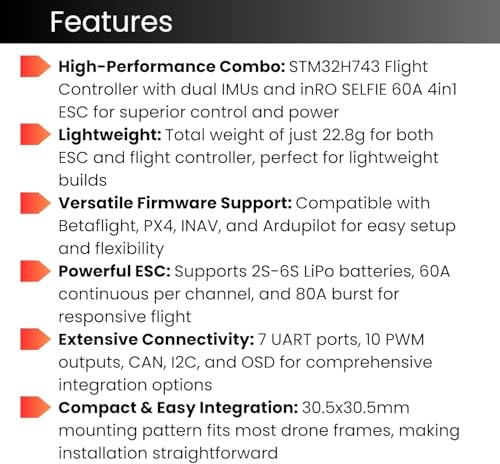 AERO SELFIE H743 Flight Controller with 60A 8 bit ESC 30x30 Stack: Supports 2-6S LiPo, Dual IMU, Compass, Barometer, Compatible with Betaflight, INAV, PX4, Ardupilot for FPV & Racing Drones