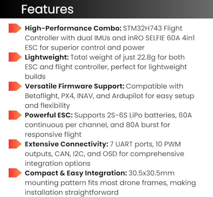 AERO SELFIE H743 Flight Controller with 60A 8 bit ESC 30x30 Stack: Supports 2-6S LiPo, Dual IMU, Compass, Barometer, Compatible with Betaflight, INAV, PX4, Ardupilot for FPV & Racing Drones