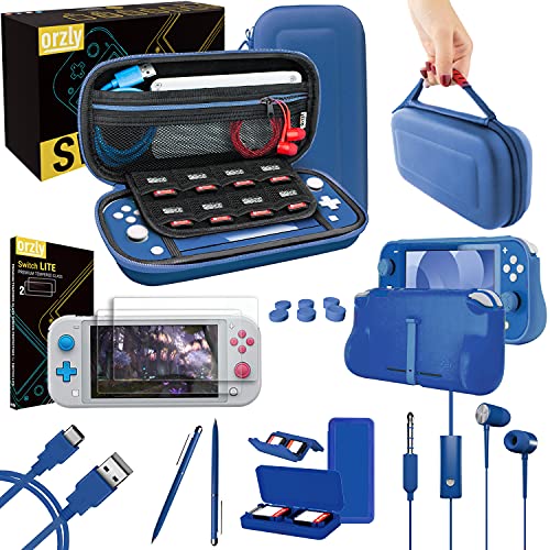 Orzly Switch Lite Accessories Bundle - Case & Screen Protector for Nintendo Switch Lite Console, USB Cable, Games Holder, Comfort Grip Case, Headphones, Thumb-Grip Pack & More (New Blue) - color: New Blue