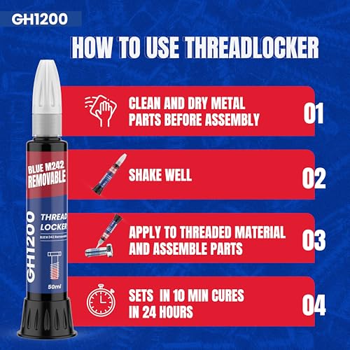 GH1200-50ML Blue Thread Lock Medium Strength for Nuts, Bolts, and Metals - Threadlocker Lock Tight & Seal Fasteners with Stable and Consistent Performance - style: (e) 50ml Blue