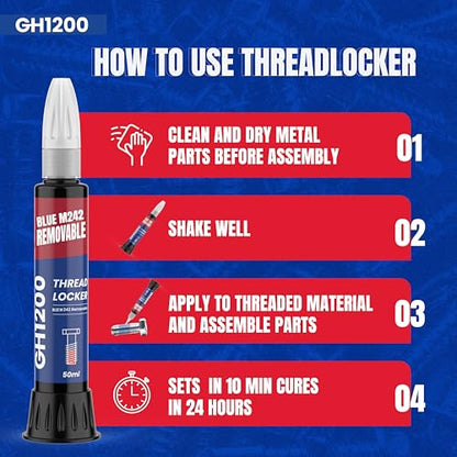 GH1200-50ML Blue Thread Lock Medium Strength for Nuts, Bolts, and Metals - Threadlocker Lock Tight & Seal Fasteners with Stable and Consistent Performance - style: (e) 50ml Blue