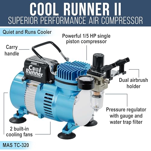Master Airbrush Air Brush Kit with Air Compressor TC-320, Dual Fan 1/5 HP - style: Cool Runner