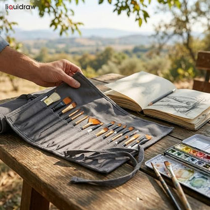 Liquidraw 30 Pocket Roll-Up Canvas Paint Brush Holder, 21 x 18in (Grey) - color: Grey