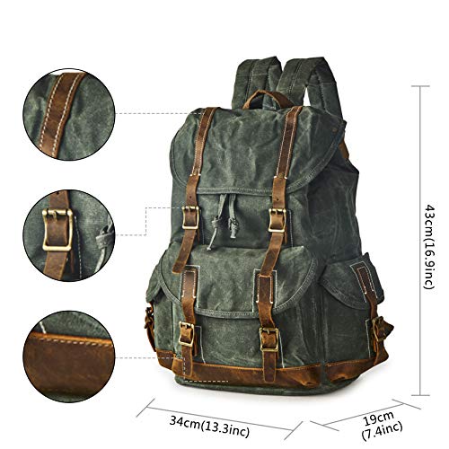 Heavy-Duty Waxed Canvas Rucksack Backpack - color: Green, size: 400 x 340 x 190 mm - Standard