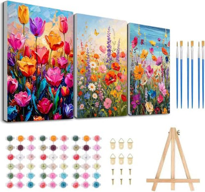 Ekuxom 3Pack Flowers Paint by Numbers Kit for Adults with Frame-Wooden Ease - color: 3Pack Flowers