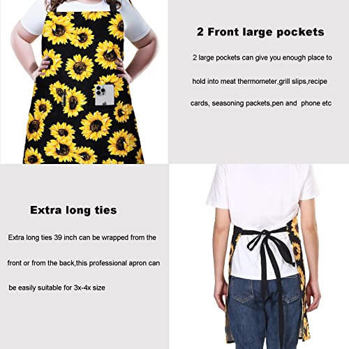 Plus Size Adjustable Bib Apron Water Resistant Canvas Extra Wide Long Ties Aprons with 2 Pockets Kitchen Cooking Gardening - color: Sunflower