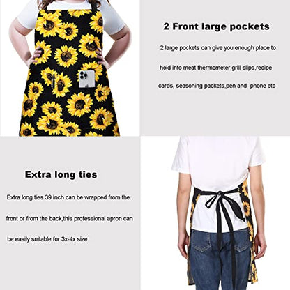 Plus Size Adjustable Bib Apron Water Resistant Canvas Extra Wide Long Ties Aprons with 2 Pockets Kitchen Cooking Gardening - color: Sunflower