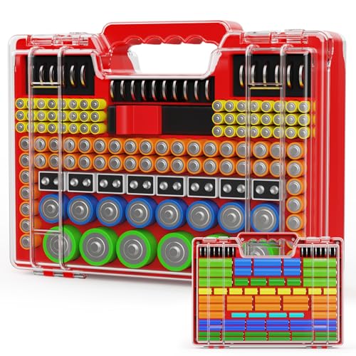 Battery Organizer Storage Holder Box Case with Tester, Stores & Protects Up to 260 Batteries, Double-Sided, Clear Locking Lid, Secure Latches & Portable Carrying Handle - Red (Batteries Not Included) - color: Red