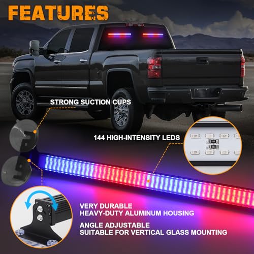 XRIDONSEN 2X 17.7 inch Windshield Light Bar 144 LED Strobe Lights - color: Red/Blue