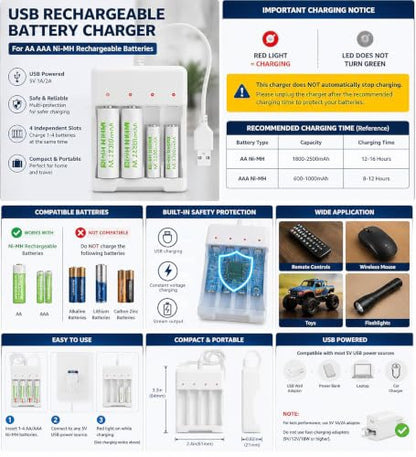 1 Pcs USB Battery Charger AA AAA Rechargeable Batteries Charger 4 Slot USB Plug Fast Battery Charging for AA AAA
