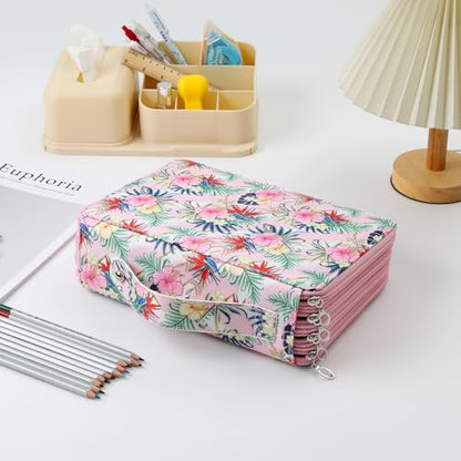 Canvas 200 Slots Pencil Case 4-Layer Zipped Holder w/Handle - color: Pink Flower, size: 200