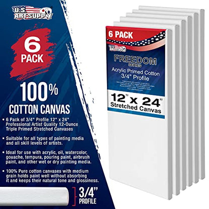 U.S. Art Supply 12"x24" Stretched Canvas for Painting, 3/4" Profile, 6-Pack - size: 12" x 24"