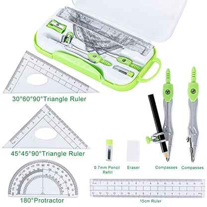10 Pieces Math Geometry Kit Set with Shatterproof Storage Box, Student Supplies Includes Rulers,Protractor,Compass,Pencil Sharpener,Lead Refills,Pencil,Eraser for School and Drawings