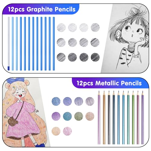 Professional Drawing Set,10 Colored Pencils,12 Graphite Pencils,Eraser,Case - color: Set-Metallic