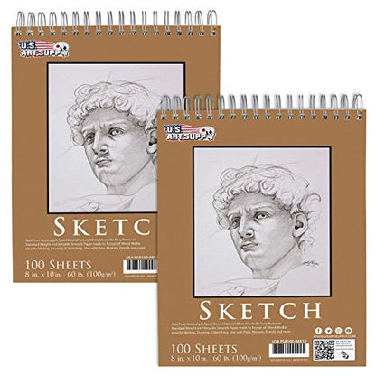 U.S. Art Supply 8"x10" Top Spiral Bound Sketch Book, 100 Sheets Each 2-Pack - size: 8-x-10-inch