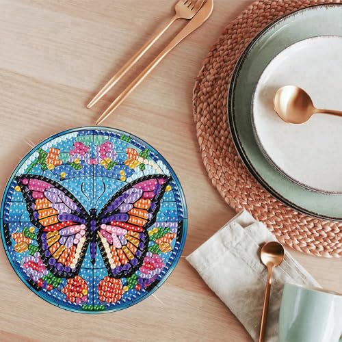ijbnhd 8 Pcs Butterfly Diamond Painting Coasters Kits with Holder - color: Butterfly