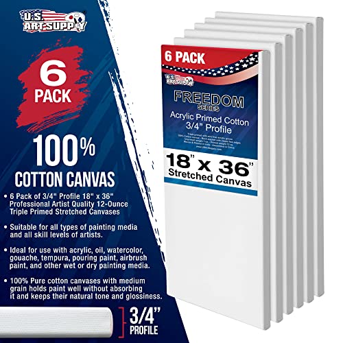U.S. Art Supply 18"x36" Stretched Canvas for Painting, 3/4" Profile, 6-Pack - size: 18" x 36"