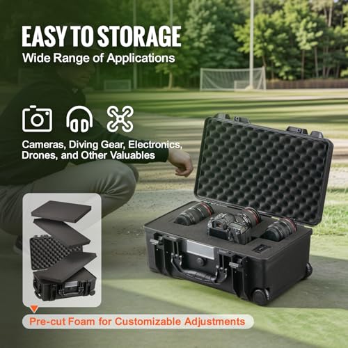 VEVOR Weatherproof Hard Case, Heavy Duty Protective Dry Box with Pre-Cut Foam, Wheels & Retractable Pull Handle for Travel, Hunt, Military, Tactical, IP67 Waterproof Case for Cameras (21.7*13.4*9.5") - size: 21.65 x 13.39 x 9.45 in