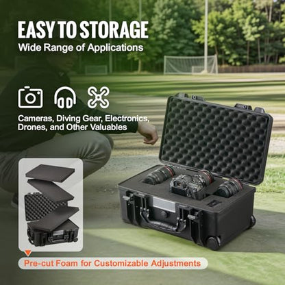VEVOR Weatherproof Hard Case, Heavy Duty Protective Dry Box with Pre-Cut Foam, Wheels & Retractable Pull Handle for Travel, Hunt, Military, Tactical, IP67 Waterproof Case for Cameras (21.7*13.4*9.5") - size: 21.65 x 13.39 x 9.45 in