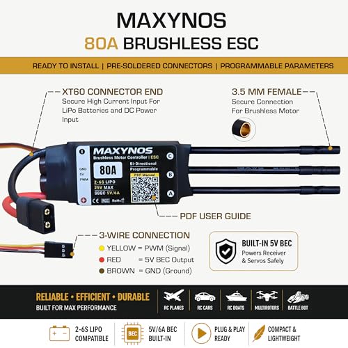 Bidirectional 80A Electronic Speed Controller, 2-6S Lipo ESC with XT60 Connector, 7.4-25V, for RC Vehicles, Drones, Robotics, & Underwater Thrusters - size: 80A