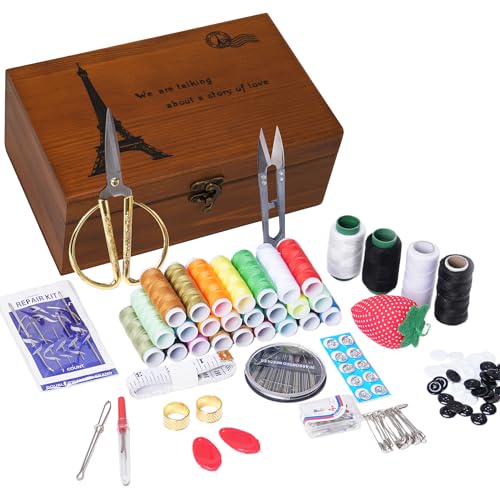 Wooden Sewing Kit Box, Wooden Sewing Box with Sew Kit Accessories - color: Retro Tower