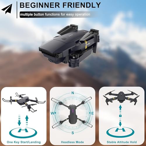 Drone With 1080P Camera for Adults Beginners,Foldable RC Quadcopter, Toys Drone,FPV Video, One Key Start, Headless Mode, Waypoints fly, 360° Flips
