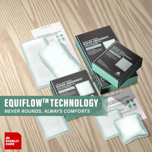 EVERLIT CARE EquiFlow Super Absorbent Dressing for Heavily Exuding Wound | Fast-Absorbing Non-Adhesive Polymer Dressing with Nonstick Gauze Pad | High Absorption & Retention | Pack of 10 (4" x 8") - size: 4" x 8"