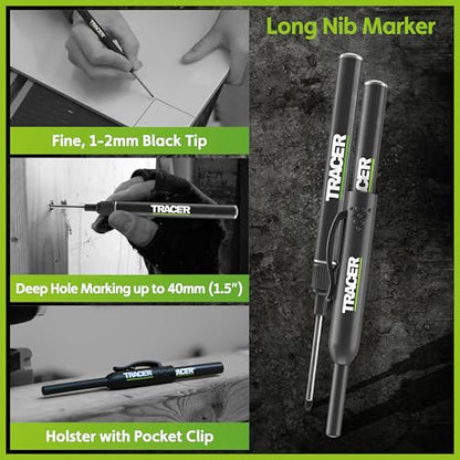 Tracer Complete Deep Hole Marking Kit - Includes Double-Tipped Long Head Deep Hole Permanent Marker and Deep Hole Construction Pencil with 6 Replacement Lead Dispenser Site Holster - style: 3pc Set
