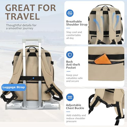 EMPSIGN 40L Travel Backpack for Women & Men - color: Beige/Khaki/Light Brown