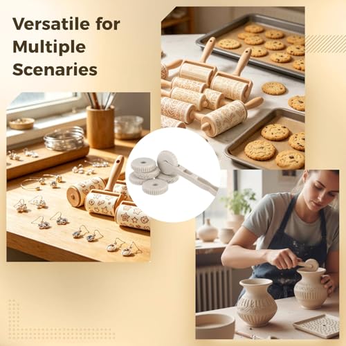Clay Texture Rollers Set with Handle, 2.36 in Diameter 6 Pattern Clay Textured Rolling Pins for Pottery, Dough, Fondant, Biscuit, Reusable Arts & Crafts