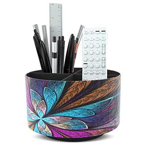 Round Leather Art Supply Organizer,Remote Control Holder,360 Degree Rotating,Multi-Functional Pencil Holder,4 Compartments Desktop Stationary Organizer(1-Fractal Flower) - color: 1-Fractal Flower