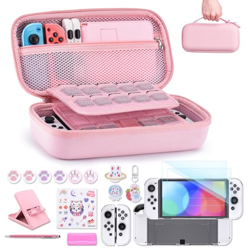 innoAura Switch OLED Case 19-in-1 Bundle for NS Switch OLED (2021), with Carrying Case, Screen Protector, Stand and Thumb Grips, Pink - color: Pink, size: for Switch OLED (2021)