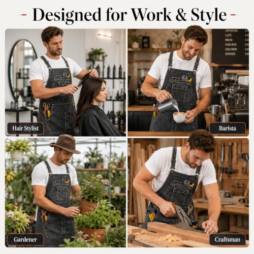 Denim Apron, Waist Apron with Pockets and Adjustable Long Ties - color: Black, size: Large