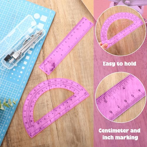 Zonon 3 Pcs 6" Clear Plastic Ruler 6 Inch Protractor Compass Set, Pink - color: Pink, size: 6 Inch